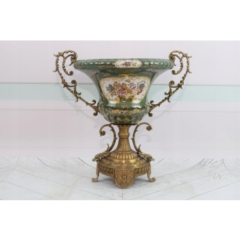 Zielona Porcelanowa Patera Amfora - Porcelana + Brąz - Kwiaty - Prezent