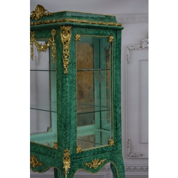 Malachitowa Witryna Okuta Brązem + Medalion Porcelana - Gablota - Serwantka