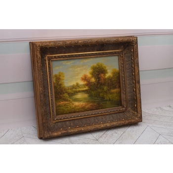 Wspaniały Letni Pejzaż Drzewa Las Rzeka - Obraz Olejny - Złota Rama