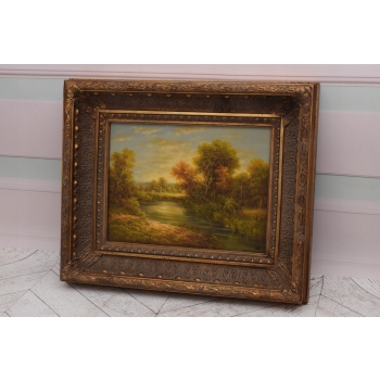 Wspaniały Letni Pejzaż Drzewa Las Rzeka - Obraz Olejny - Złota Rama