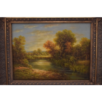 Wspaniały Letni Pejzaż Drzewa Las Rzeka - Obraz Olejny - Złota Rama