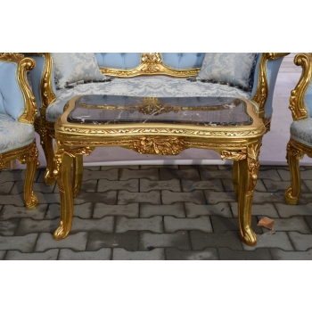 Komplet Mebli - Zestaw Kawowy + Sofa + 2 Fotele + Stół Barok - Błękitny