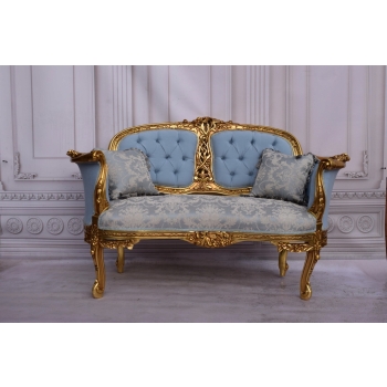 Komplet Mebli - Zestaw Kawowy + Sofa + 2 Fotele + Stół Barok - Błękitny