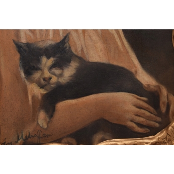 Józef Mehoffer - Portret Damy Kobiety z Kotem Kot - Stary Obraz Olej Płótno