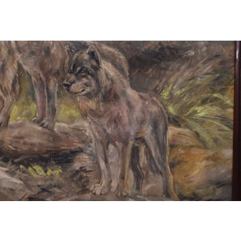 J. Fałat - Wataha Wilków - Wilki Natura - Stary Obraz Olejny - Złota Rama