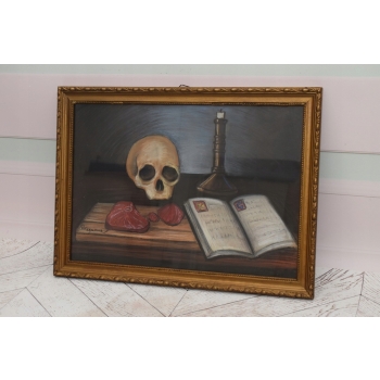 PAUL CEZANNE - MEMENTO MORI - Czaszka i Książka - STARY OBRAZ z FRANCJI