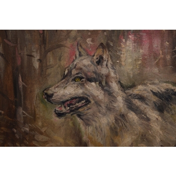 J. Fałat - Biegnący Wilk - Wilczur - Natura - Polski Stary Obraz Olejny