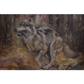 J. Fałat - Biegnący Wilk - Wilczur - Natura - Polski Stary Obraz Olejny