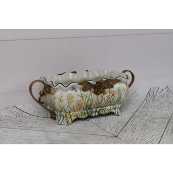 Porcelanowa Patera Secesja - Biała Misa - Kwiaty - Porcelana + Brąz