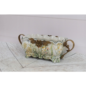 Porcelanowa Patera Secesja - Biała Misa - Kwiaty - Porcelana + Brąz