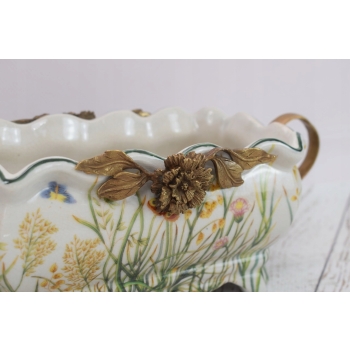 Porcelanowa Patera Secesja - Biała Misa - Kwiaty - Porcelana + Brąz