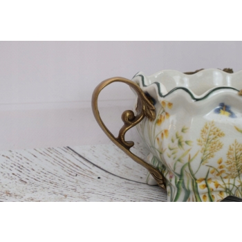 Porcelanowa Patera Secesja - Biała Misa - Kwiaty - Porcelana + Brąz