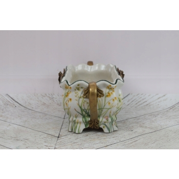 Porcelanowa Patera Secesja - Biała Misa - Kwiaty - Porcelana + Brąz