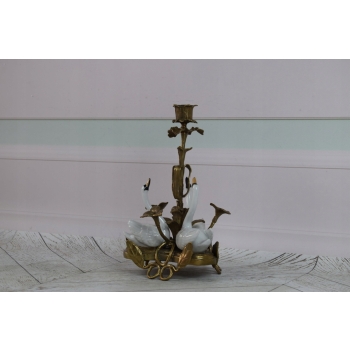 Piękny Świecznik z Porcelany - Trzy Łabędzie - Porcelana + Brąz - Brązu