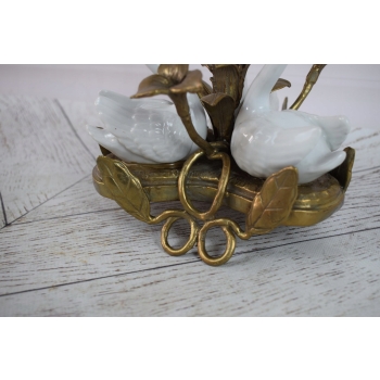 Piękny Świecznik z Porcelany - Trzy Łabędzie - Porcelana + Brąz - Brązu