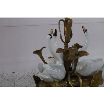 Piękny Świecznik z Porcelany - Trzy Łabędzie - Porcelana + Brąz - Brązu