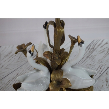 Piękny Świecznik z Porcelany - Trzy Łabędzie - Porcelana + Brąz - Brązu
