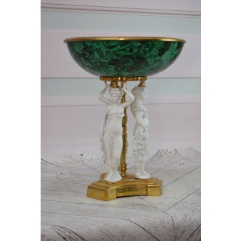 Ogromna Patera Porcelanowa - Porcelana + Brąz Szmaragd Trzy Damy Alabaster