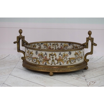 Porcelanowa Patera Secesja - Porcelana + Brąz - Biała Misa - Kwiaty Prezent