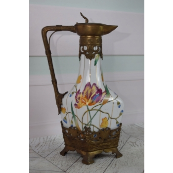 Biała Porcelanowa Karafka - Porcelana + Brąz - Secesja - Kwiaty - Dekoracja