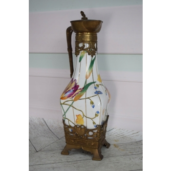 Biała Porcelanowa Karafka - Porcelana + Brąz - Secesja - Kwiaty - Dekoracja