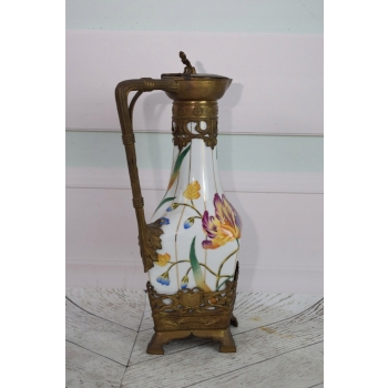 Biała Porcelanowa Karafka - Porcelana + Brąz - Secesja - Kwiaty - Dekoracja