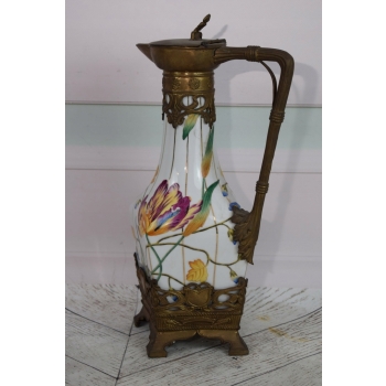 Biała Porcelanowa Karafka - Porcelana + Brąz - Secesja - Kwiaty - Dekoracja