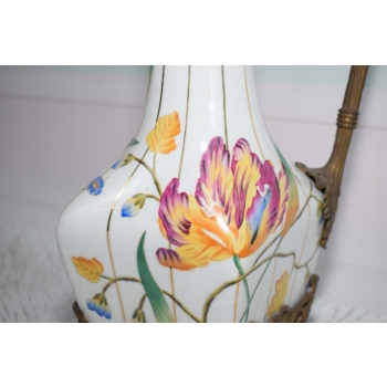 Biała Porcelanowa Karafka - Porcelana + Brąz - Secesja - Kwiaty - Dekoracja