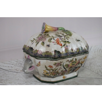 Biała Szkatuła Bomboniera - Porcelana - Kolorowe Kwiaty Owoce - Misa Ozdoba