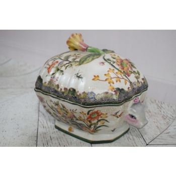 Biała Szkatuła Bomboniera - Porcelana - Kolorowe Kwiaty Owoce - Misa Ozdoba