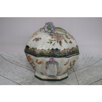Biała Szkatuła Bomboniera - Porcelana - Kolorowe Kwiaty Owoce - Misa Ozdoba