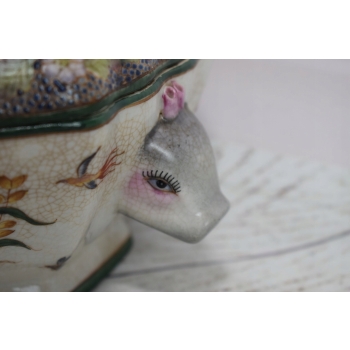 Biała Szkatuła Bomboniera - Porcelana - Kolorowe Kwiaty Owoce - Misa Ozdoba