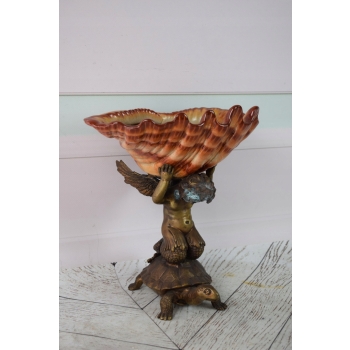 Porcelanowa Patera Muszla - Porcelana Brąz - Anioł Amor na Żółwiu - Ozdoba