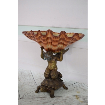 Porcelanowa Patera Muszla - Porcelana Brąz - Anioł Amor na Żółwiu - Ozdoba