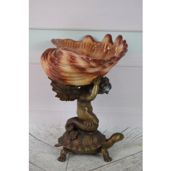 Porcelanowa Patera Muszla - Porcelana Brąz - Anioł Amor na Żółwiu - Ozdoba