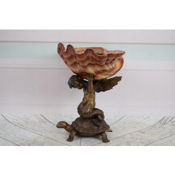 Porcelanowa Patera Muszla - Porcelana Brąz - Anioł Amor na Żółwiu - Ozdoba