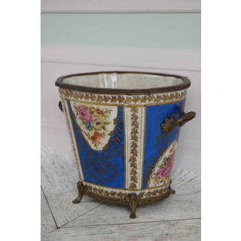 Porcelanowy Wazon - Waza - Niebieska - Kolorowe Kwiaty - sygn - Brąz
