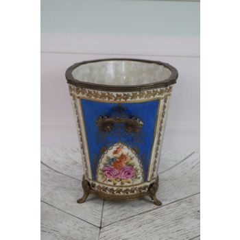 Porcelanowy Wazon - Waza - Niebieska - Kolorowe Kwiaty - sygn - Brąz