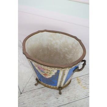 Porcelanowy Wazon - Waza - Niebieska - Kolorowe Kwiaty - sygn - Brąz