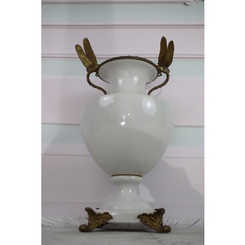 Biała Waza - Amfora Wazon na Kwiaty - Porcelana + Brąz - Ważka - Ozdoba