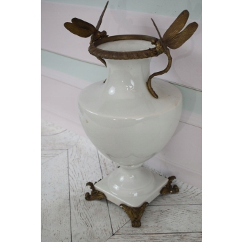 Biała Waza - Amfora Wazon na Kwiaty - Porcelana + Brąz - Ważka - Ozdoba