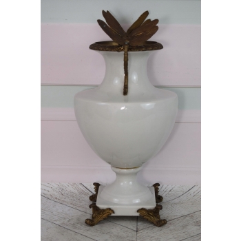Biała Waza - Amfora Wazon na Kwiaty - Porcelana + Brąz - Ważka - Ozdoba