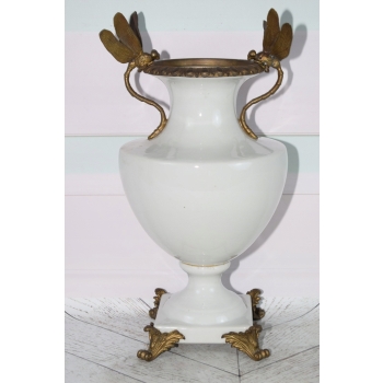 Biała Waza - Amfora Wazon na Kwiaty - Porcelana + Brąz - Ważka - Ozdoba