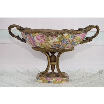 Kolorowa Patera Porcelanowa - Kwiaty - Wazon Amfora Porcelana + Brąz Ozdoba