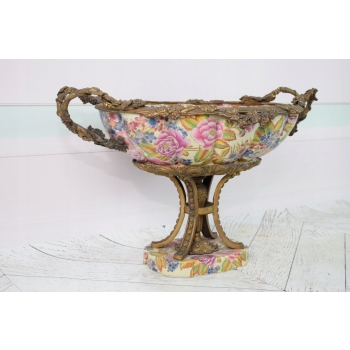 Kolorowa Patera Porcelanowa - Kwiaty - Wazon Amfora Porcelana + Brąz Ozdoba