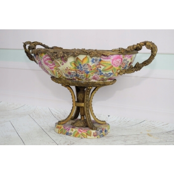 Kolorowa Patera Porcelanowa - Kwiaty - Wazon Amfora Porcelana + Brąz Ozdoba