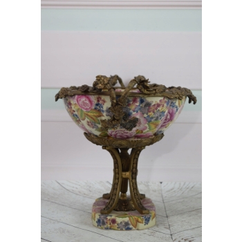 Kolorowa Patera Porcelanowa - Kwiaty - Wazon Amfora Porcelana + Brąz Ozdoba