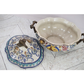 Porcelanowa Misa - Wazon Waza - Porcelana + Brąz - Sygn Kolorowe Zdobienia