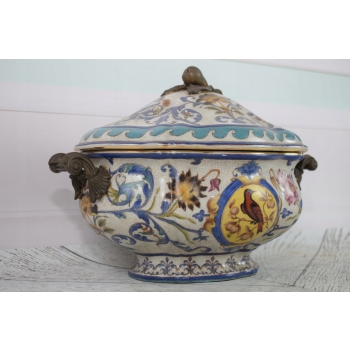 Porcelanowa Misa - Wazon Waza - Porcelana + Brąz - Sygn Kolorowe Zdobienia