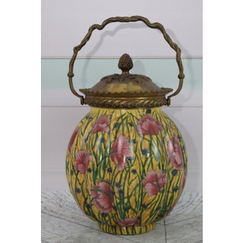 Porcelanowa Szkatuła - Pojemnik Na Ciastka - Porcelana Brąz Kolorowe Kwiaty